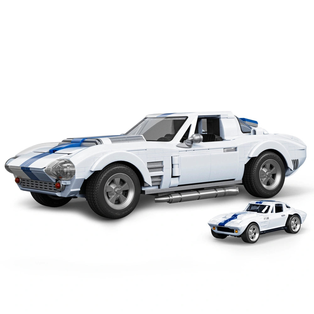 blue and white model car building set 