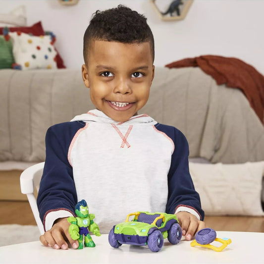 child playing with hulk and car 