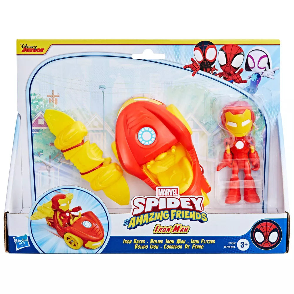 iron man and his iron racer in packaging in white background 