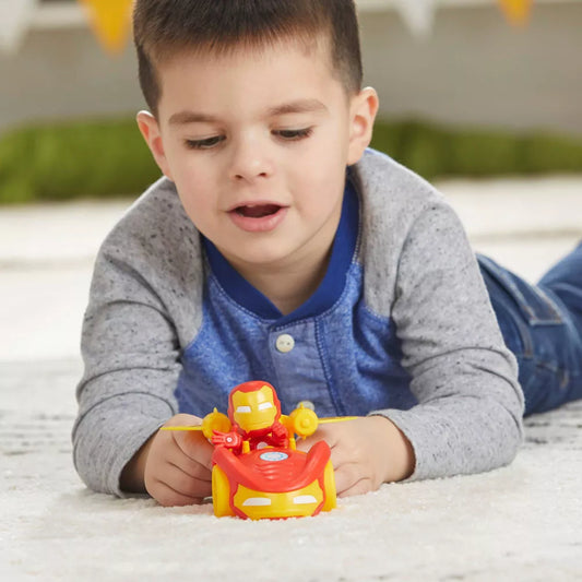 child playing with iron man iron racer 