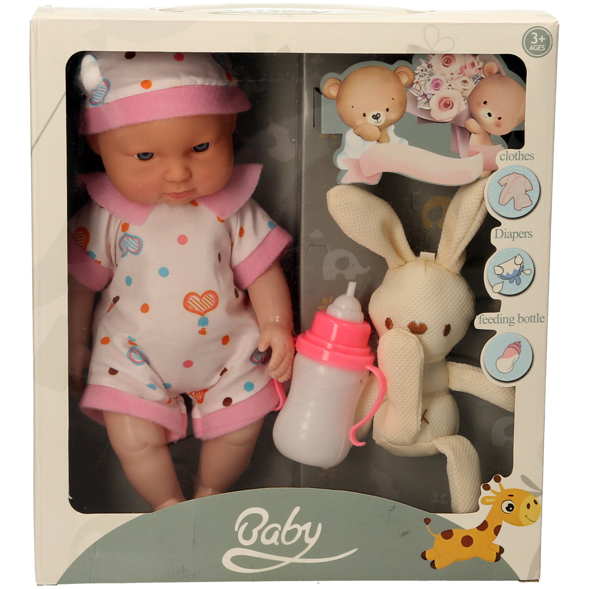 baby doll set with white and pink and orange and blue outfit 