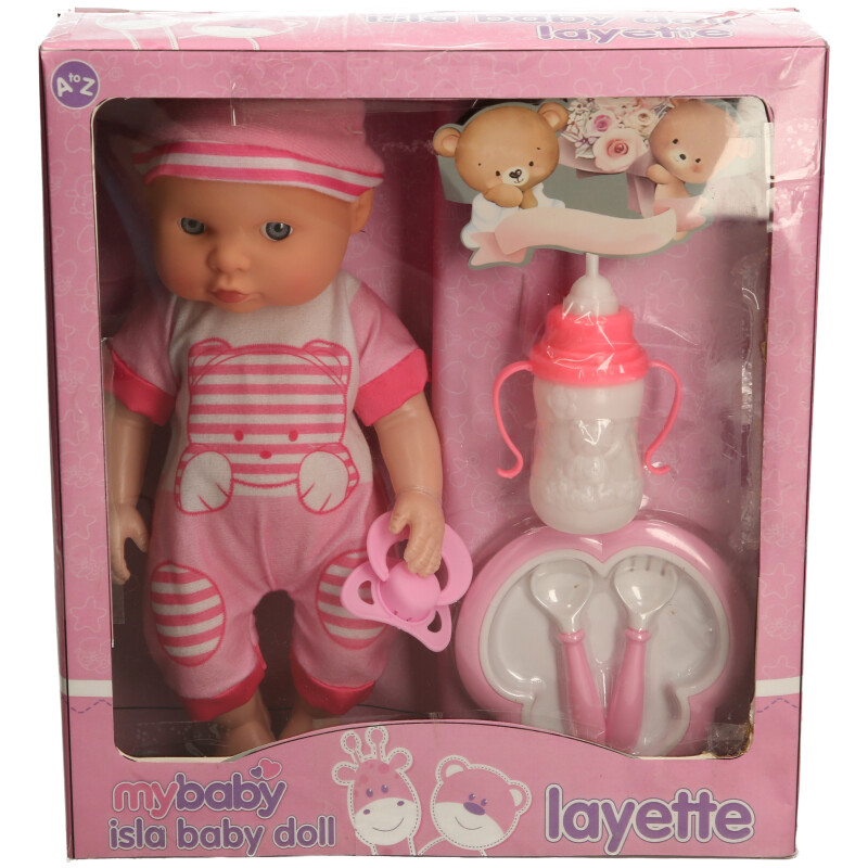 baby doll playset in white and pink outfit 