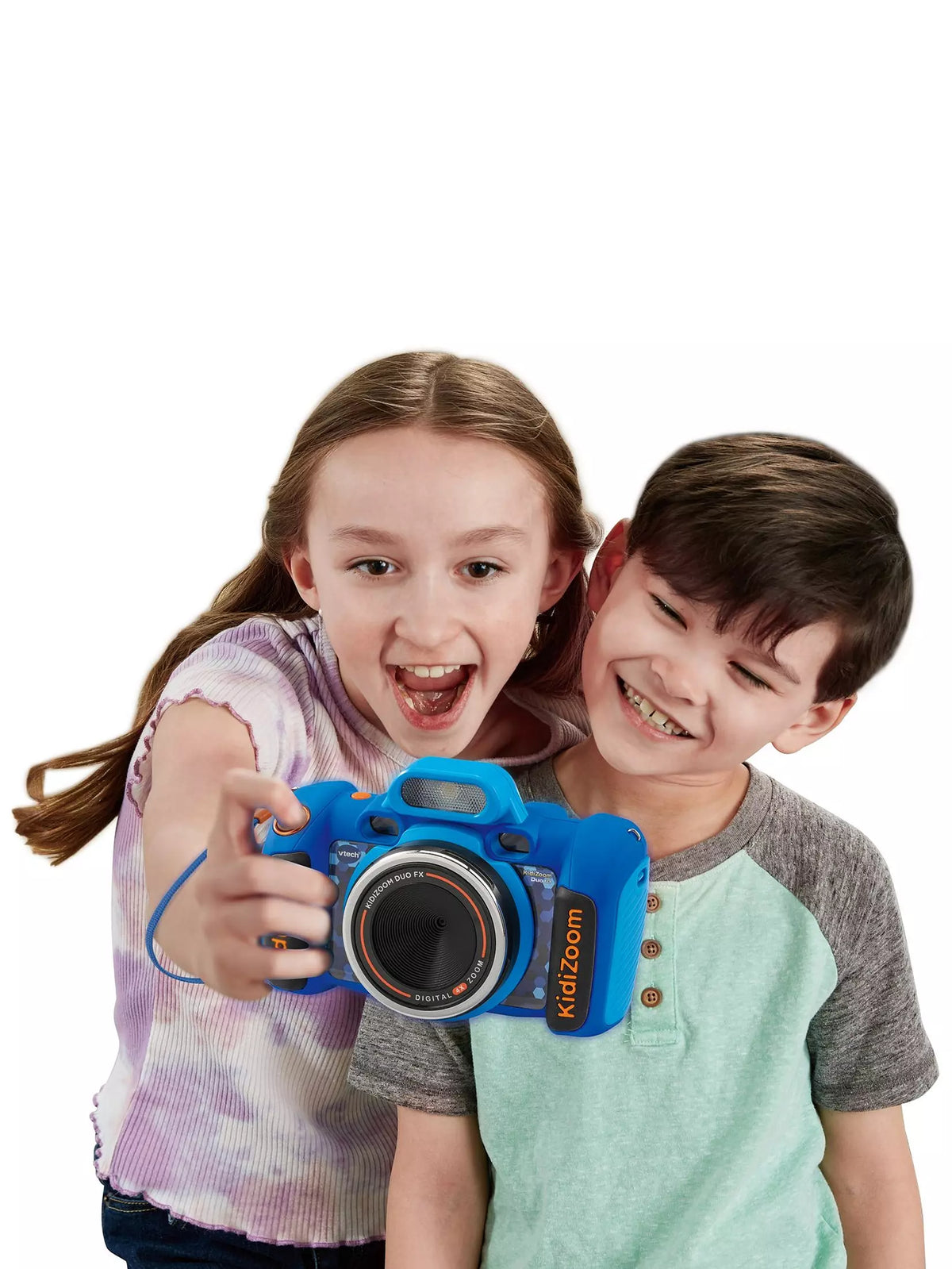 young girl and boy taking a picture with dark blue kids camera 