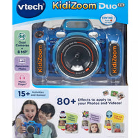 dark blue kids camera in packaging on white background 