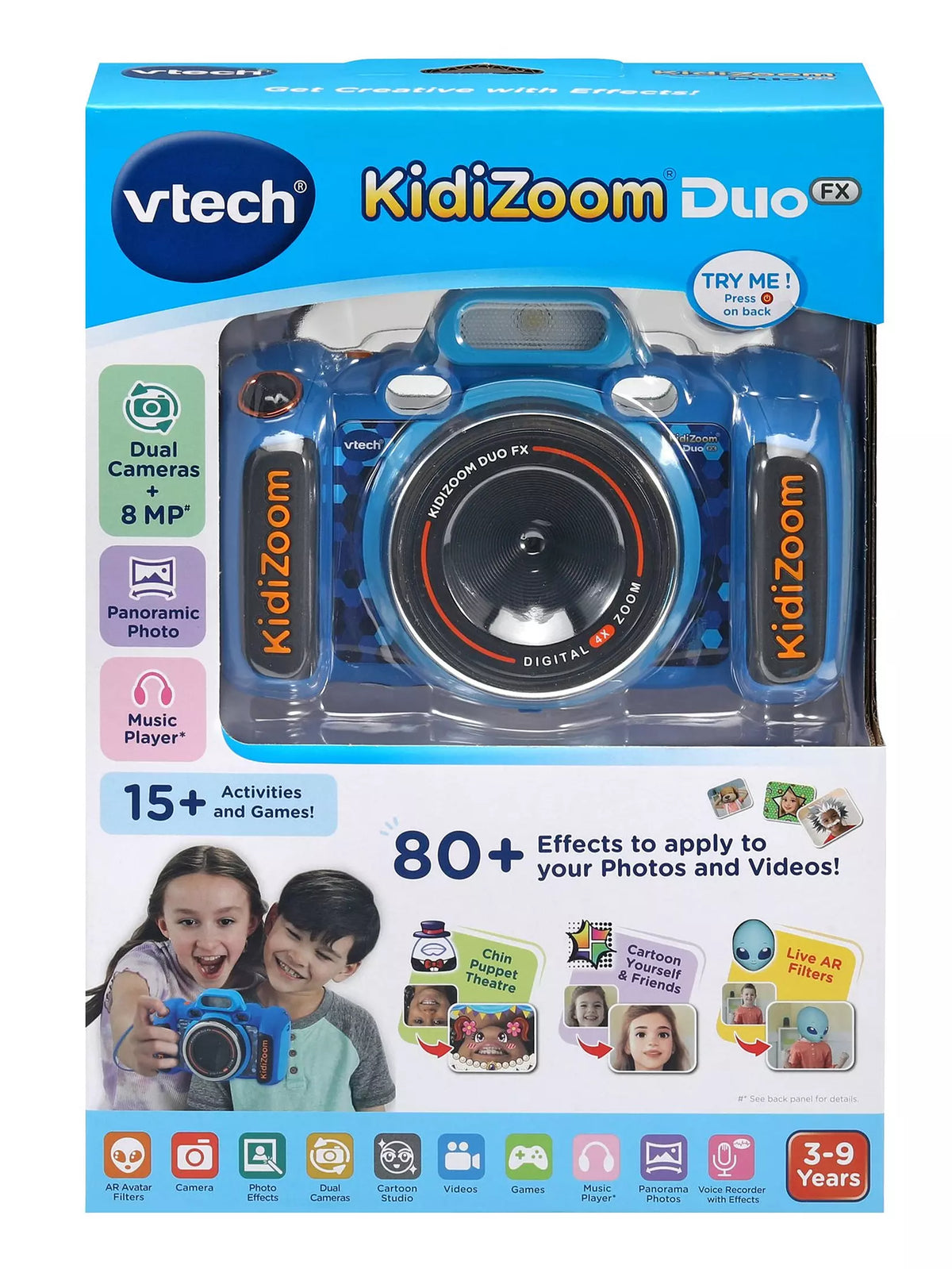 dark blue kids camera in packaging on white background 