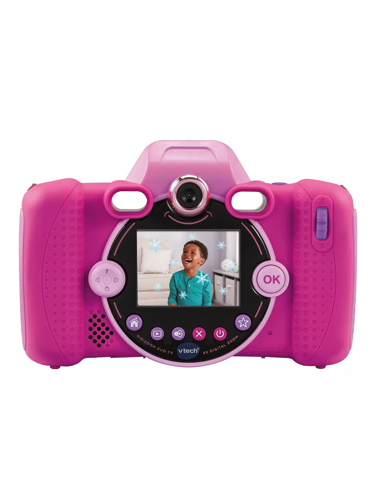 Bright pink kids camera on white background 