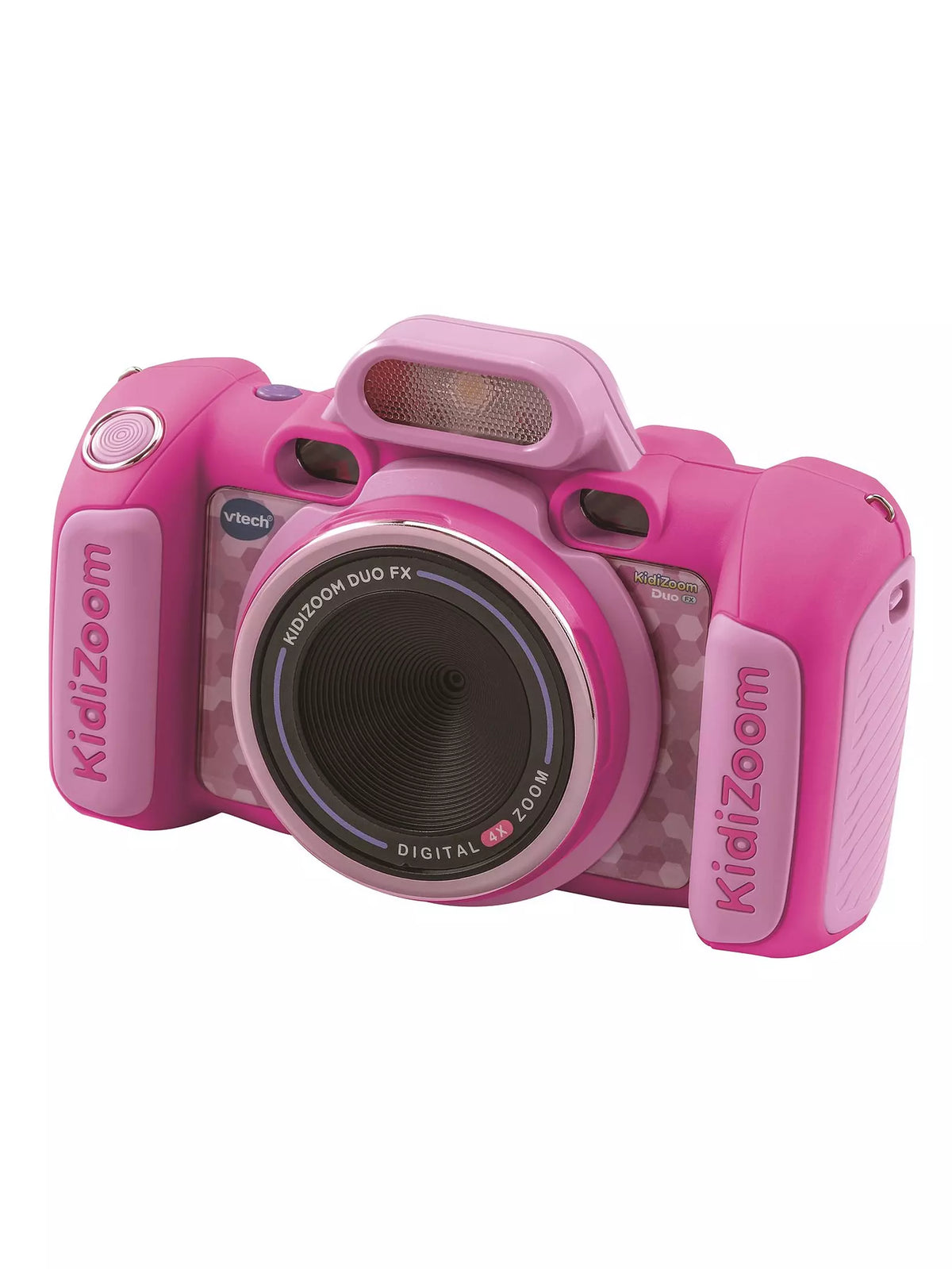 Bright pink kids camera on white background 