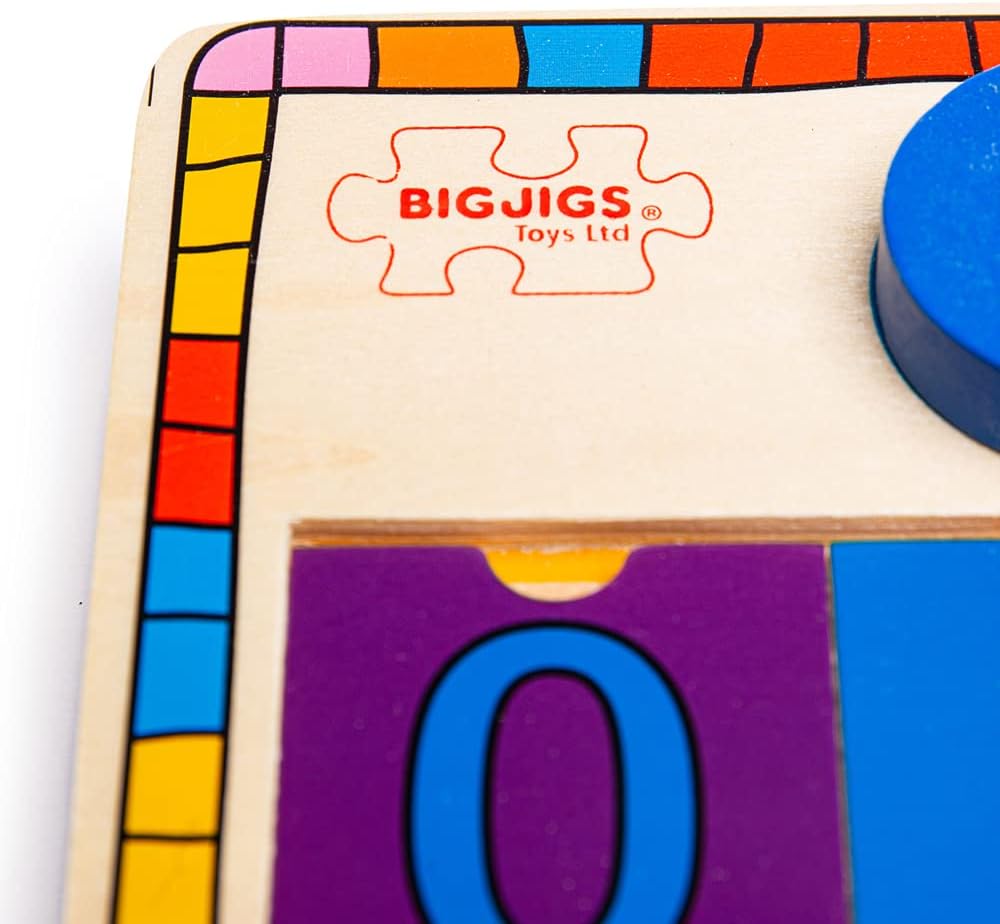 close up of logo on wooden counting toy 