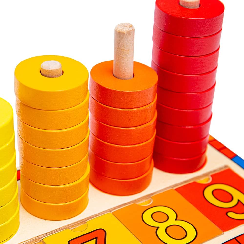 red disks on wooden counting toy 