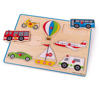 Lift out puzzle with transport vehicles 
