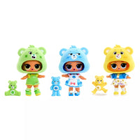 three colours of carebear dolls 
