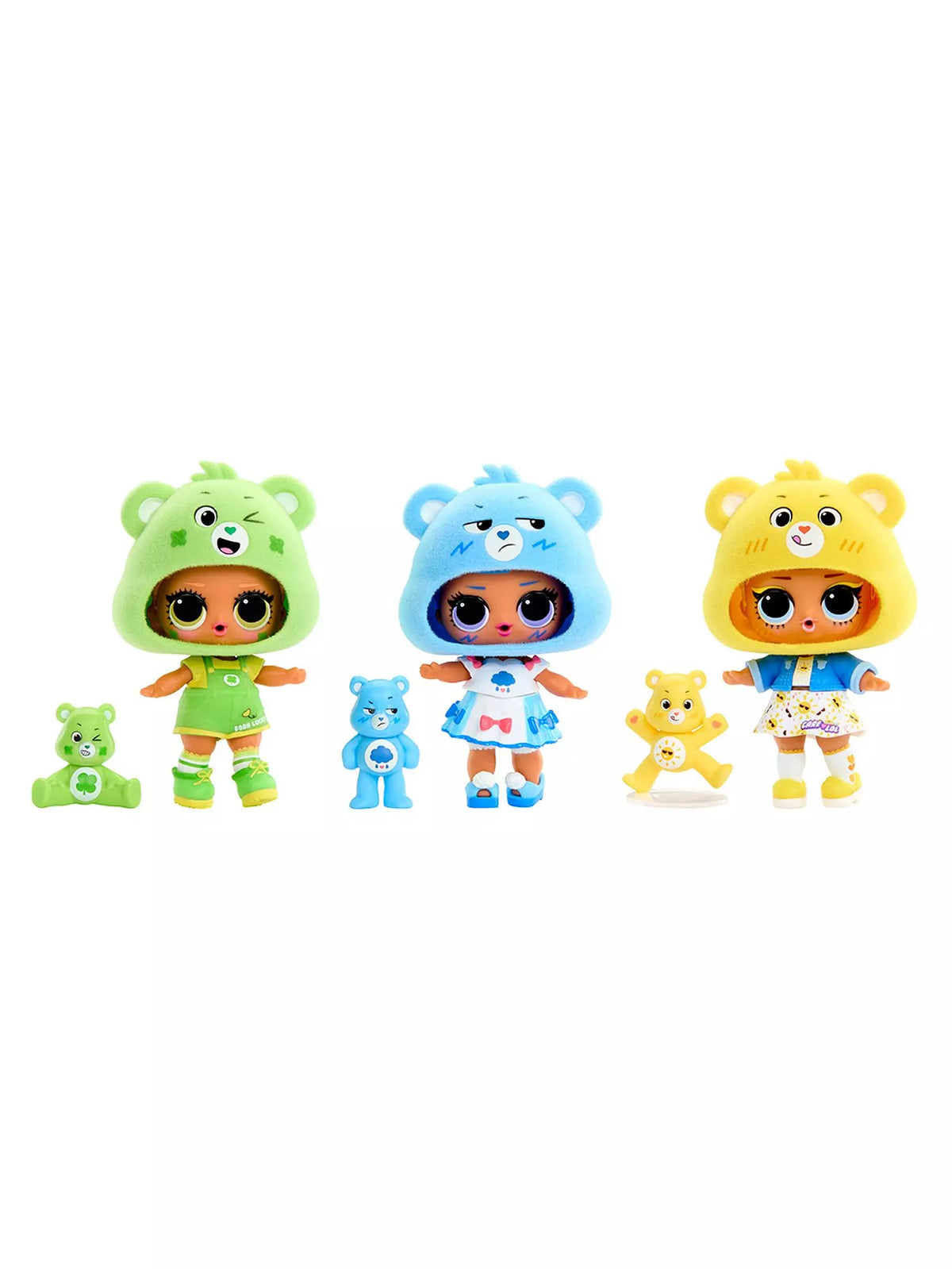 three colours of carebear dolls 