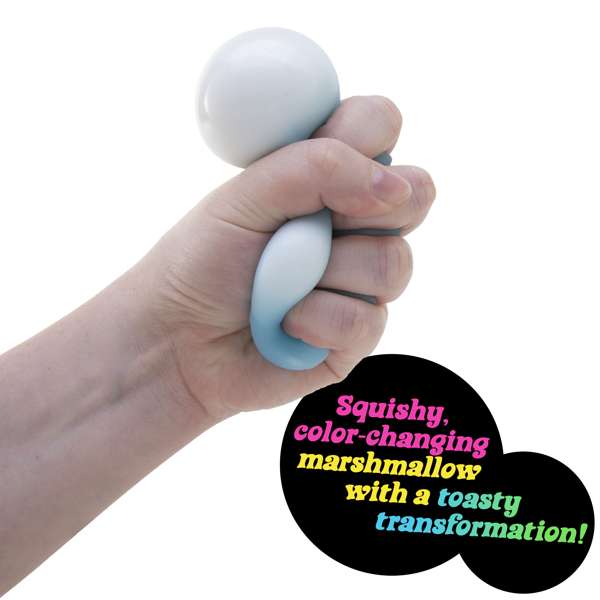 small hand squishing blue squishy toy with text 