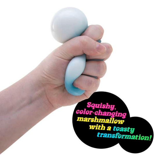 small hand squishing blue squishy toy with text 