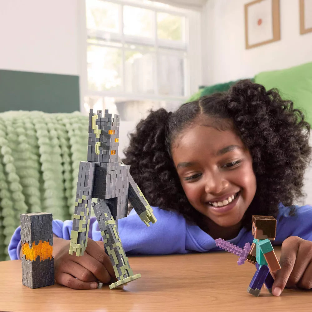 girl playing with steve action figure 