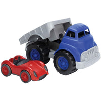 flatbed truck toy and racecar toy side by side 