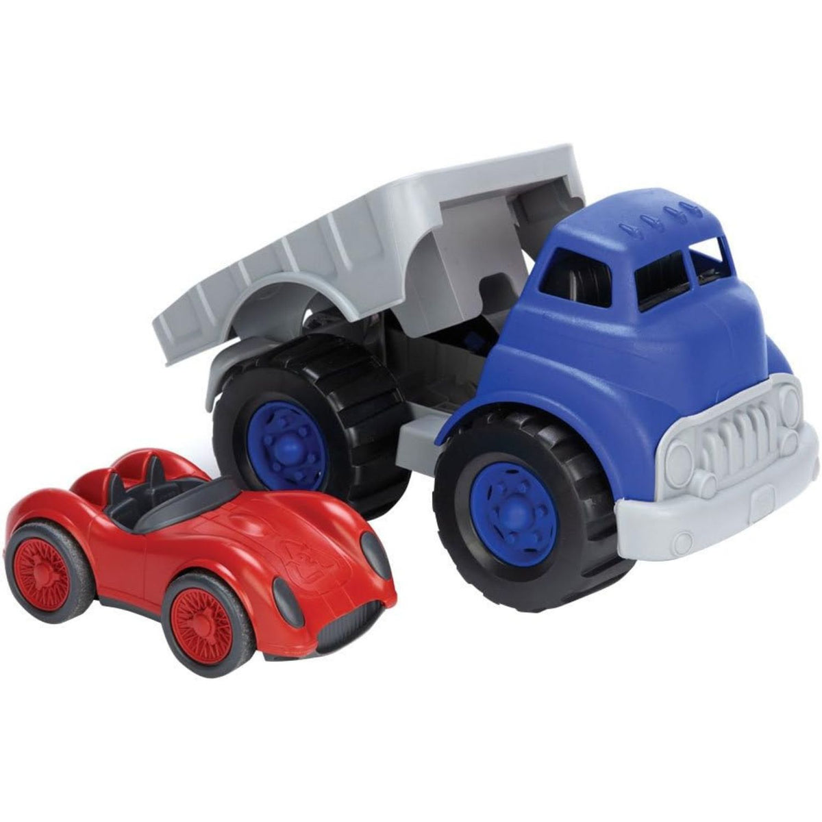 flatbed truck toy and racecar toy side by side 