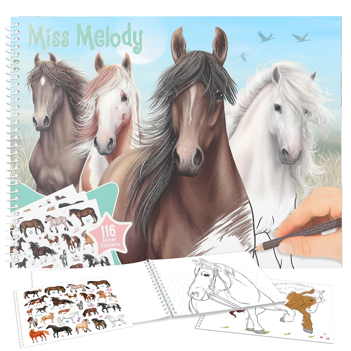 horse colouring book displayed opened and front cover 
