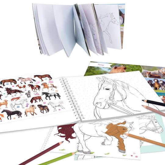 horse colouring book with pencils scattered