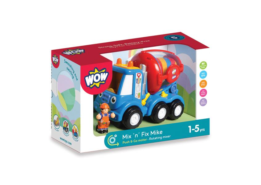 colourful toy cement mixer in its packaging on a white background