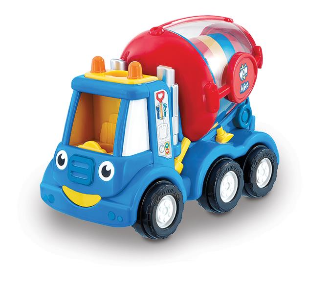 front view of a colourful toy cement mixer on a white background