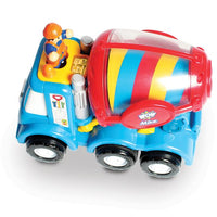 top view of a toy cement mixer on a white background