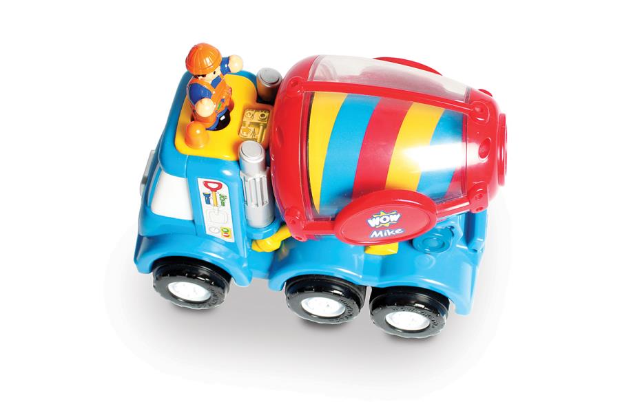 top view of a toy cement mixer on a white background