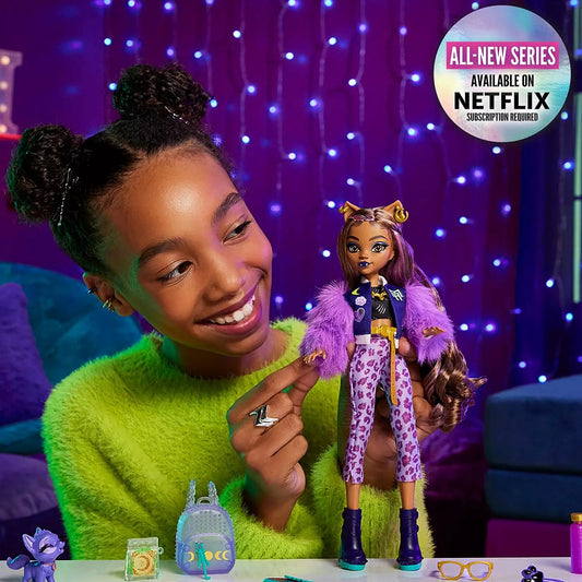 girl playing with purple wolf doll