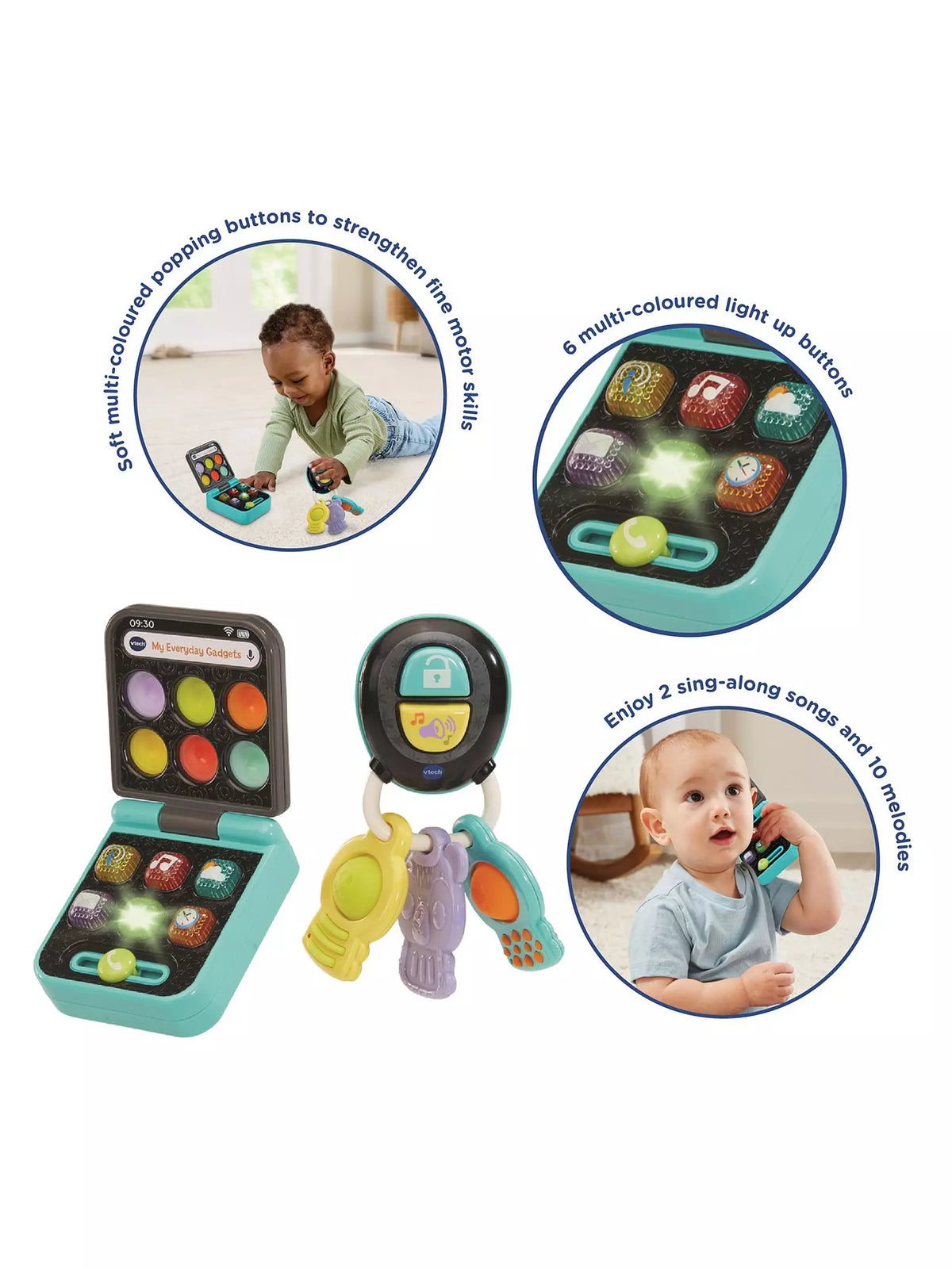 babies playing with baby phone and car keys 