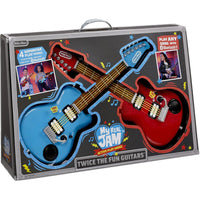 blue and red mini guitars in packaging 