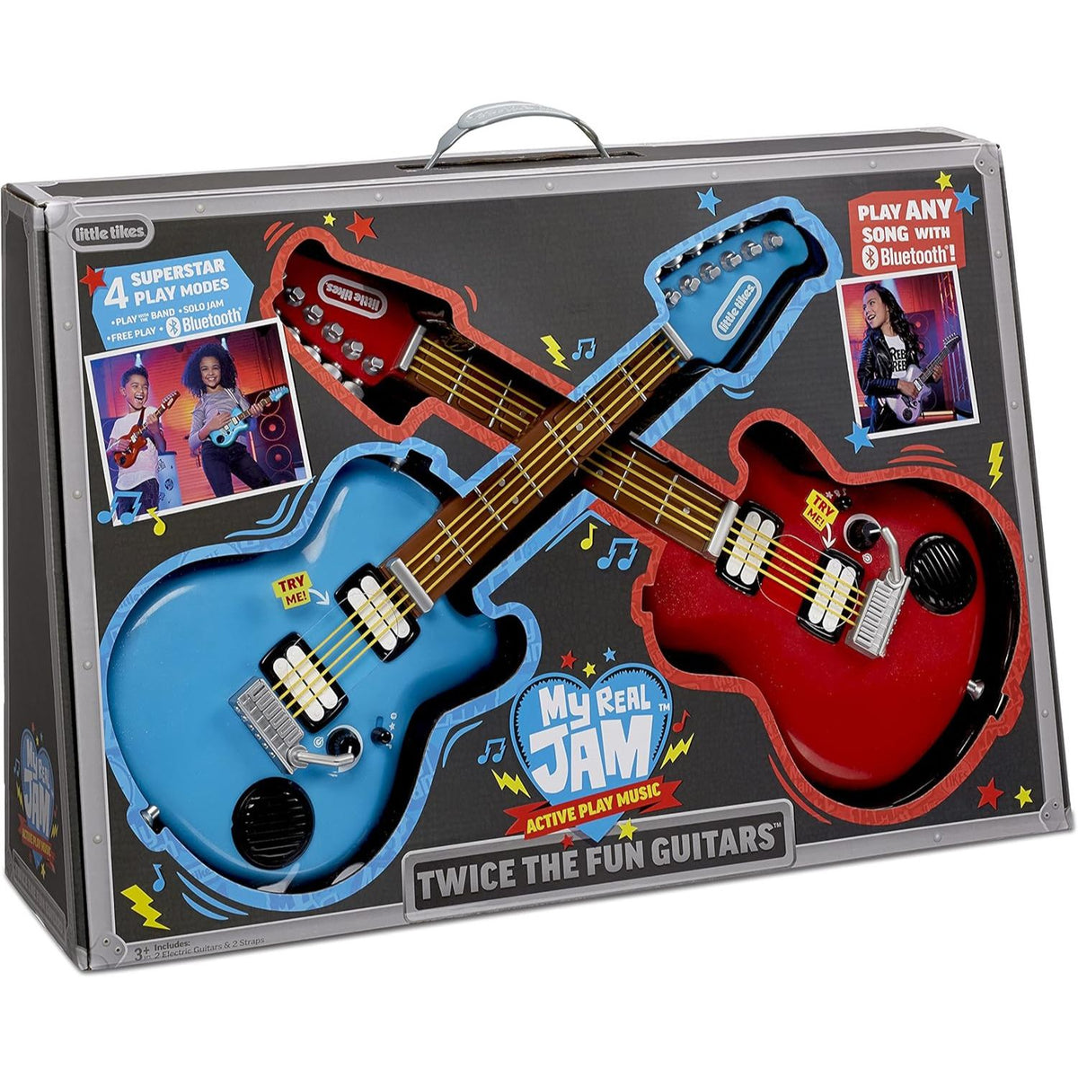 blue and red mini guitars in packaging 