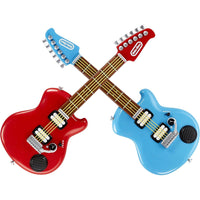 blue and red mini guitars 