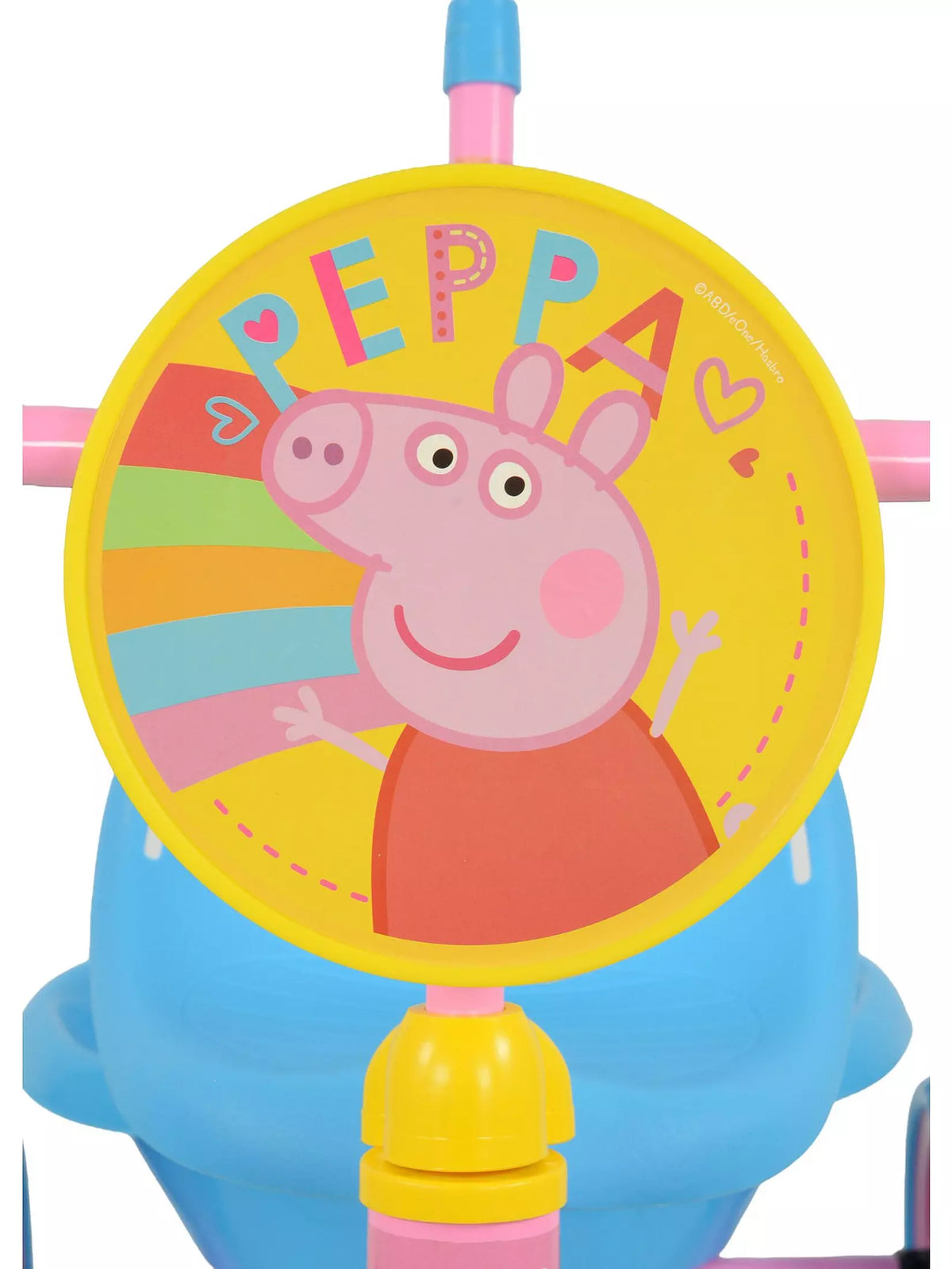 close up of front of peppa pig bike 