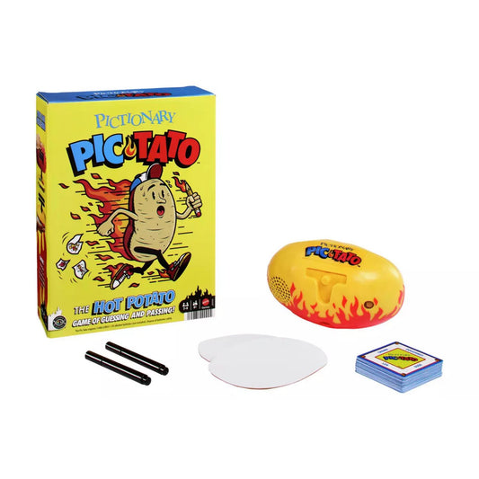 pictato game and accessories including two markers, cards, two whiteboard sheets, and hot potato