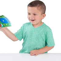 young bpy holding right green and blue toy car