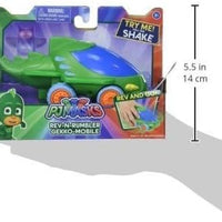 bright blue and green toy car in packaging on white background
