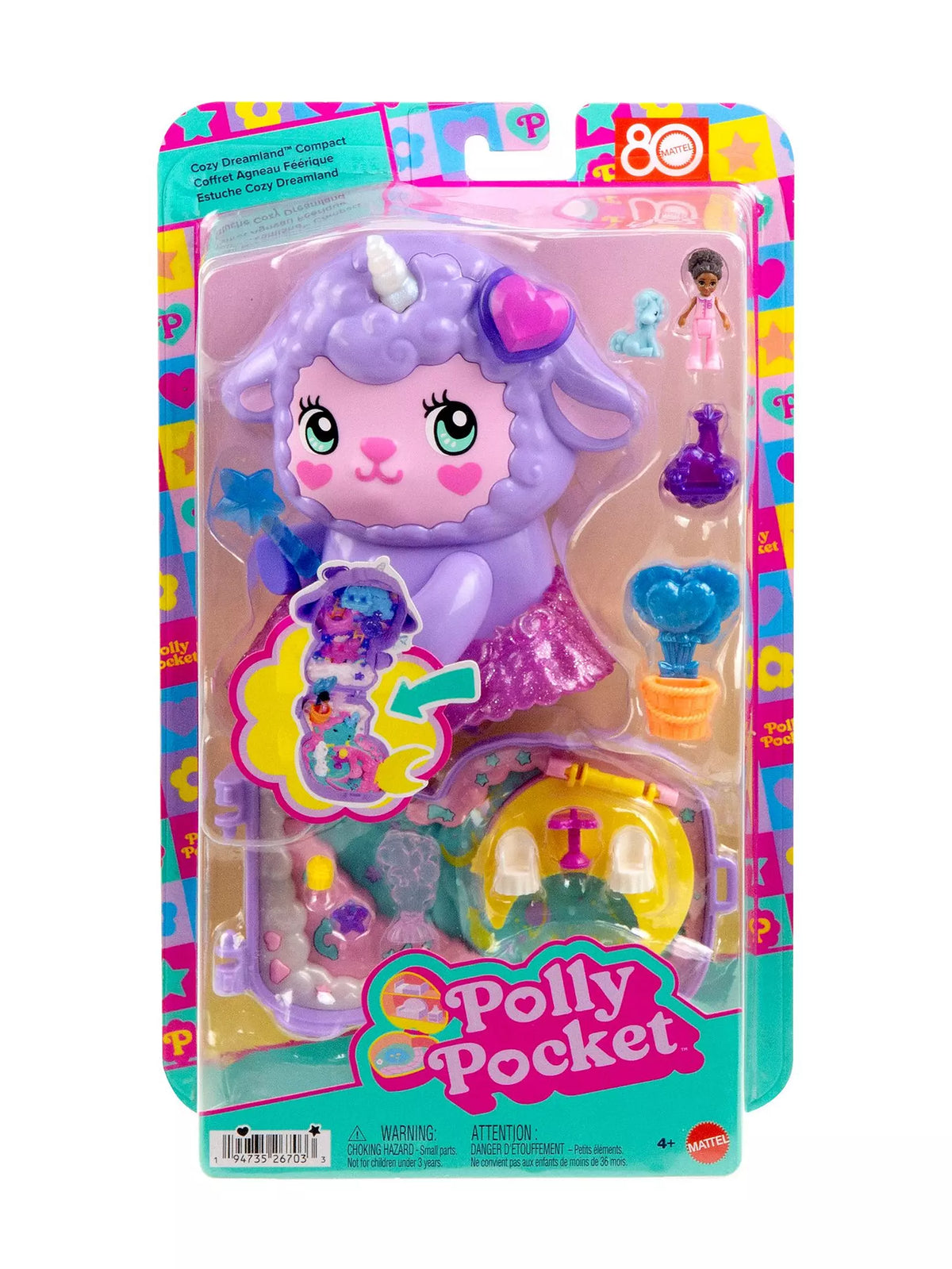 purple lamb compact with accessories inside in packaging 
