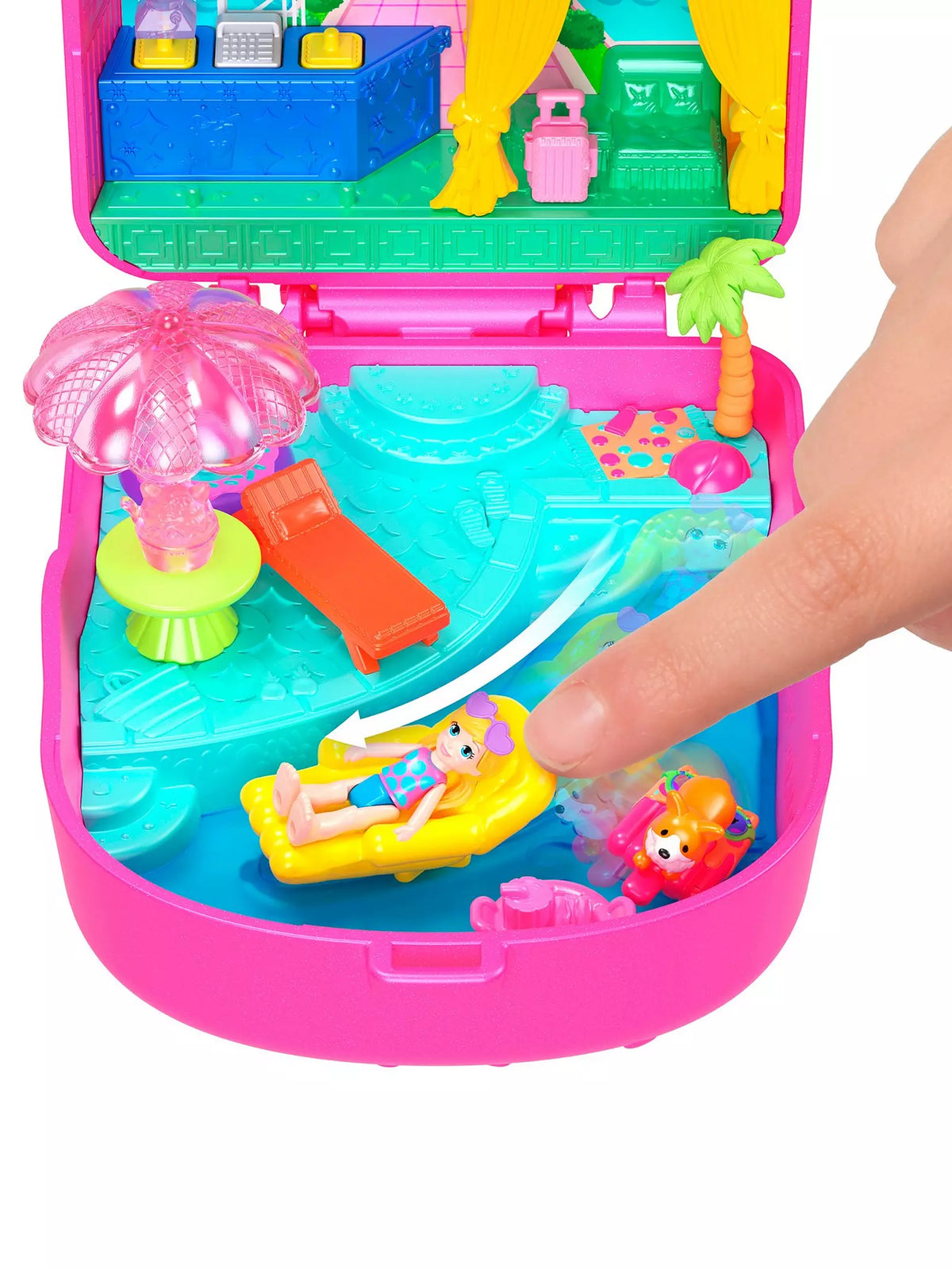 close up of brightly coloured kitty compact showing sliding pool floaty 