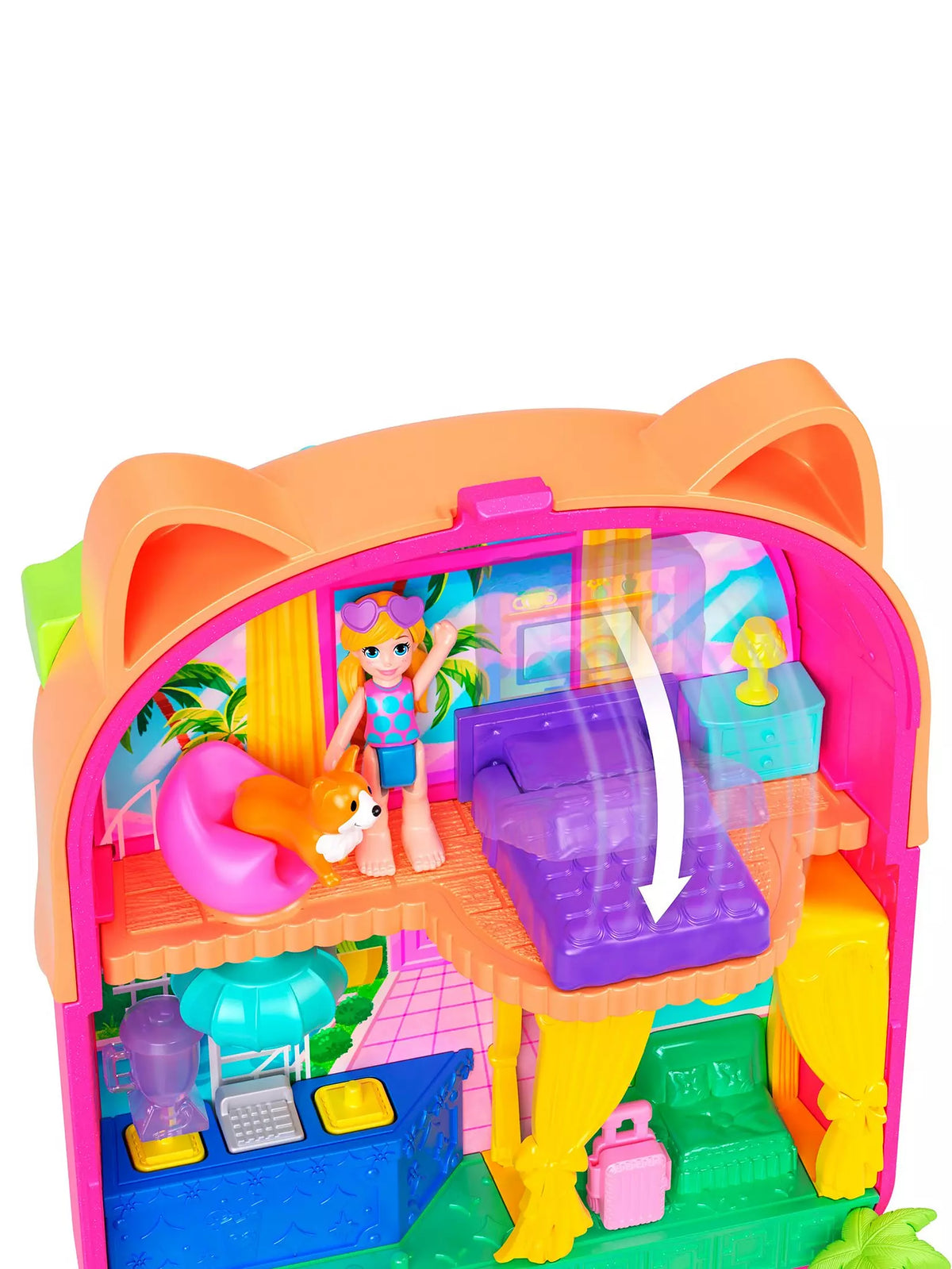 close up of brightly coloured kitty compact fold down bed 