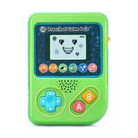 preschool gaming console in green with smiley face on screen