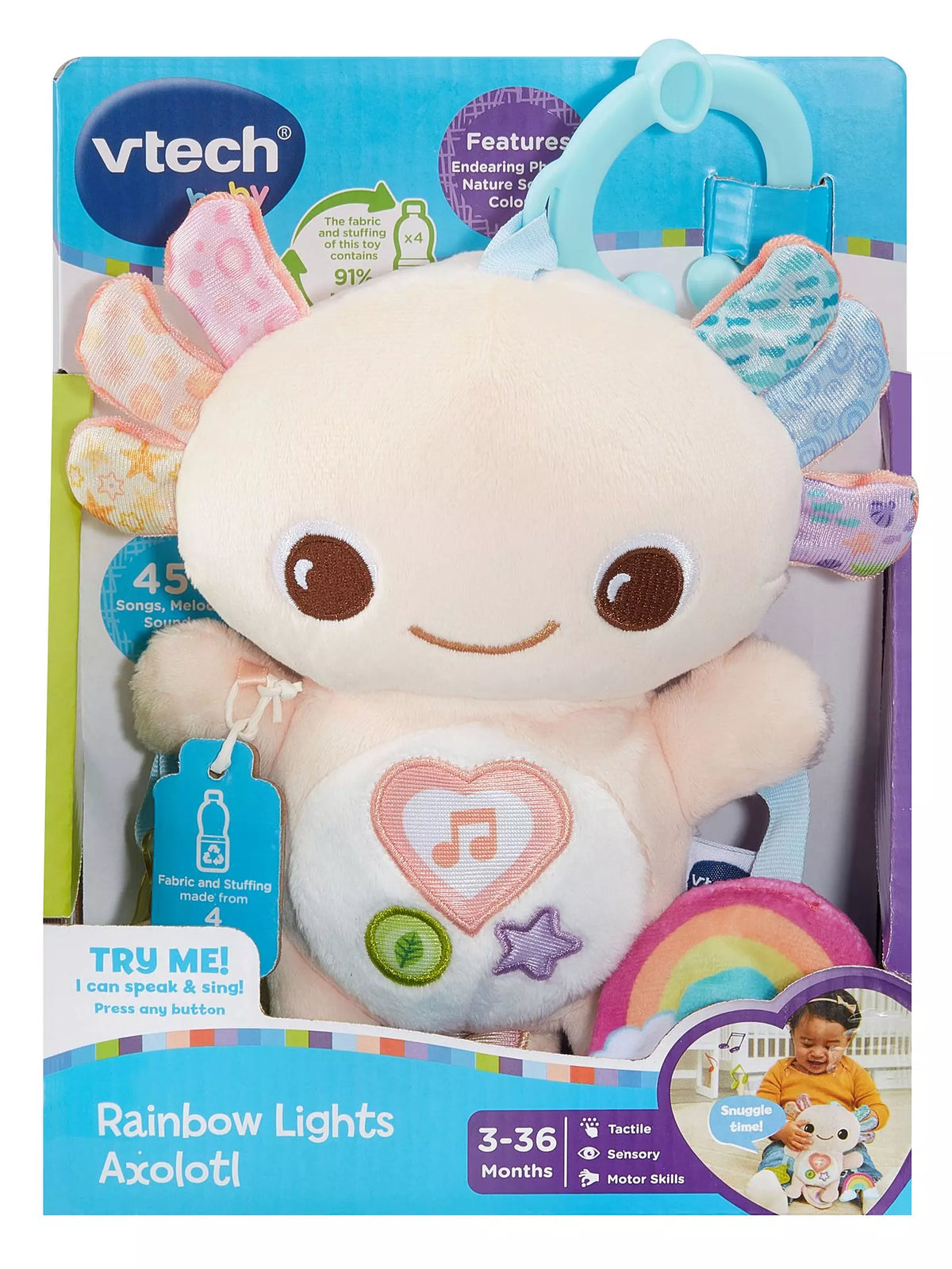 colourful plush toy in packaging on white background 