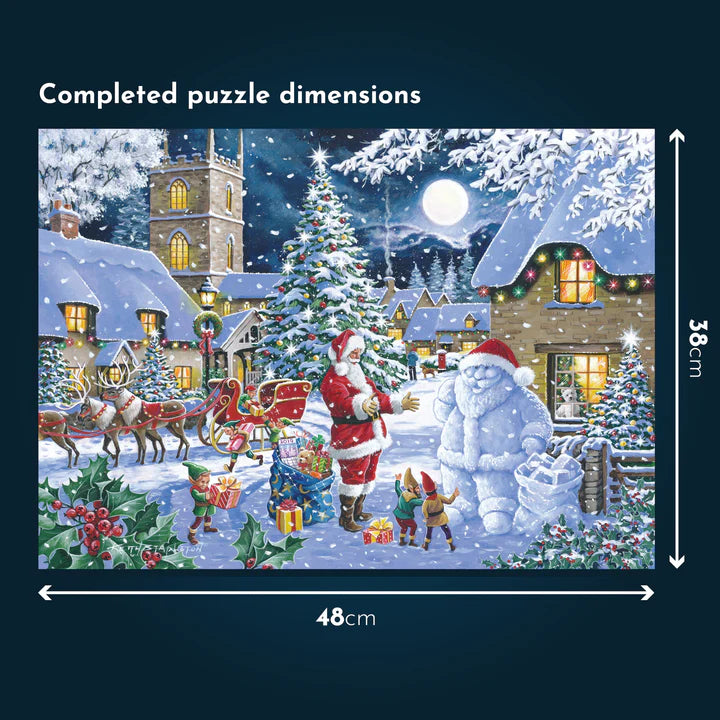 large jigsaw showing santa standing looking and a snowman