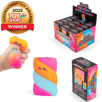 images of marshmallow squishy toy in packaging and in hand 