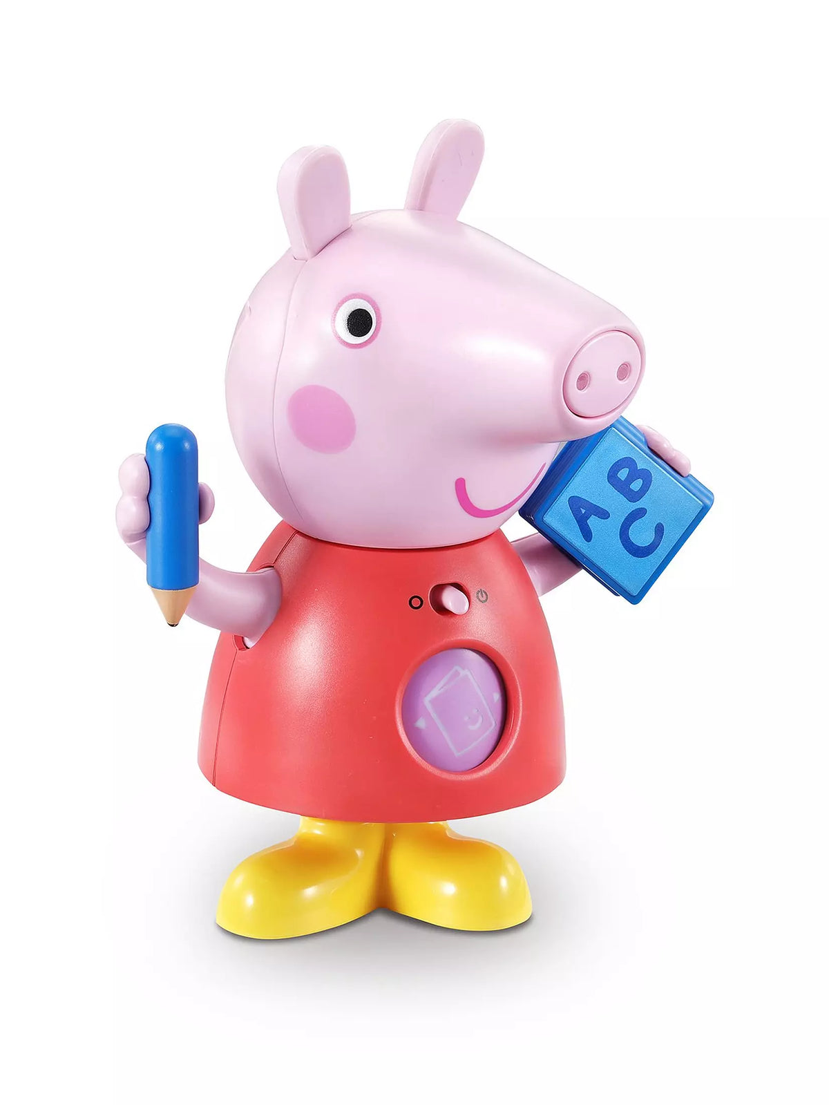 plastic peppa pig holding blue pencil and blue book on white background