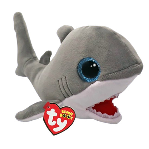 shark plush with big, blue, sparkly eyes 