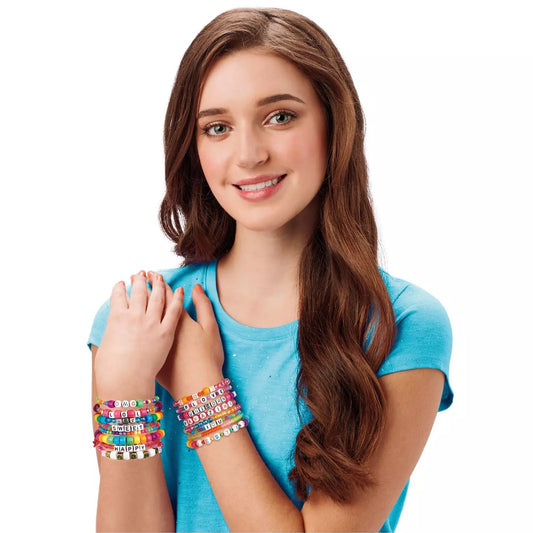girl wearing homemade bead bracelet 