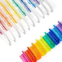 10 multi-coloured gel pens displayed with caps on white surface 