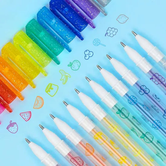 10 multi-coloured gel pens displayed on blue surface 