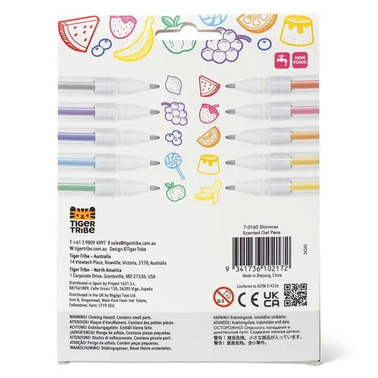 back of packaging of ten shimmer gel pens 