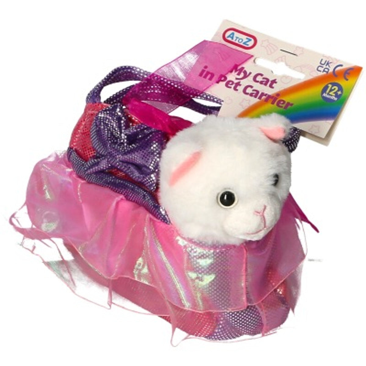 soft cat plush in carrier 